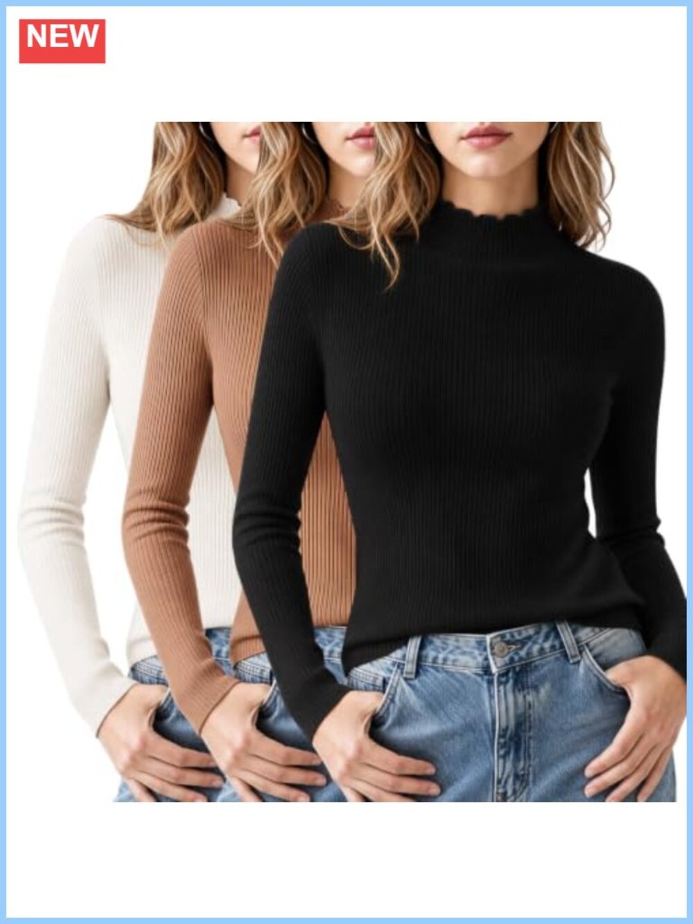 Cotton Mock Turtleneck Long Sleeve Lettuce Edge Slim Fit Top